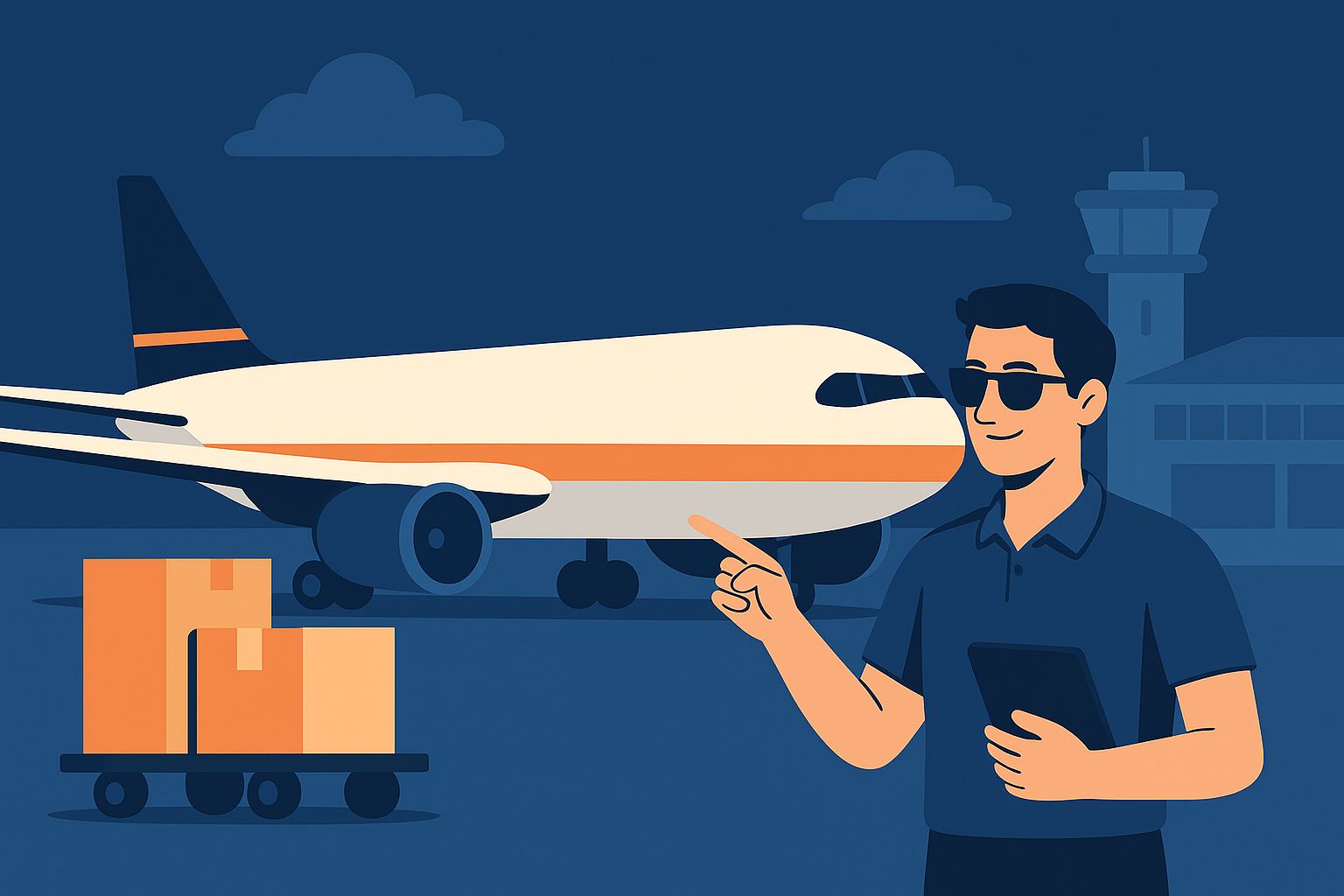 Ilustração de um cargueiro sem janelas de passageiros estacionado no pátio de um aeroporto, destacando a operação de aeronaves de carga mais antigas no transporte aéreo