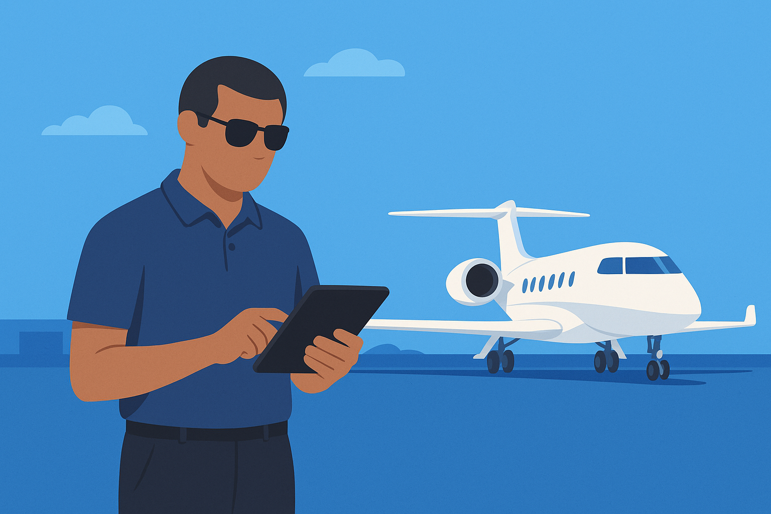 Ilustração digital em estilo flat design mostrando um piloto de aviação executiva, vestindo camisa polo azul e óculos escuros, utilizando um tablet em um pátio de aeroporto regional. Ao fundo, um jato executivo Gulfstream branco está estacionado. A estética é minimalista, vetorial e moderna, com paleta de cores em tons de azul dominante, com detalhes em branco e cinza. A imagem transmite a ideia de uso de tecnologia digital (eDB) em substituição ao papel na aviação.