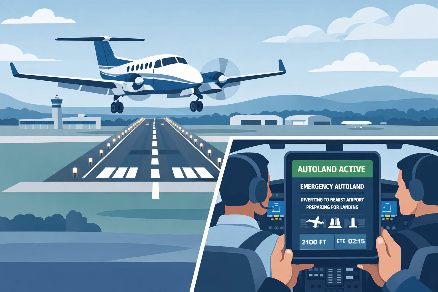 Ilustração em estilo flat design, vetorial e minimalista, com paleta de cores em tons de azul, cinza e branco, mostrando um turboélice do tipo King Air em aproximação final para pouso automático de emergência. A aeronave está alinhada à pista de um aeroporto regional, enquanto no interior do cockpit aparece um tablet/painel digital indicando o sistema de Autoland ativo. Não há traços faciais definidos nos personagens, reforçando o foco no sistema e no contexto operacional. A imagem representa um cenário realista de uso do pouso automático após incapacitação do piloto, destacando a tecnologia como camada de segurança e não como substituição do piloto.