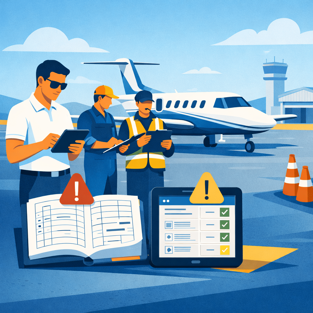 Ilustração em estilo flat design, vetorial e minimalista, com paleta predominante em tons de azul e detalhes em amarelo e laranja. A cena mostra uma aeronave executiva de pequeno porte estacionada no pátio de um aeroporto regional, com torre de controle e hangar ao fundo. Em primeiro plano, um piloto vestindo camisa polo branca e óculos escuros utiliza um tablet, representando o diário de bordo digital (eDB). Ao lado dele, um mecânico com macacão azul e um inspetor com colete refletivo analisam pranchetas, sugerindo uma fiscalização em solo. Na parte inferior da imagem, há a comparação visual entre um diário de bordo físico aberto com um símbolo de alerta e um tablet com checklist validado, indicando controle técnico de manutenção (CTM), rastreabilidade e redução de riscos regulatórios. A imagem transmite a ideia de inspeção da ANAC, integridade de registros e prevenção de autuação ou groundeamento da aeronave por meio do uso de eDB.