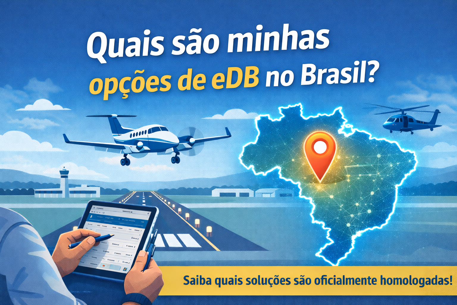 Ilustração em estilo flat design, com estética digital e cores predominantes em azul, amarelo e branco, mostrando um piloto utilizando um tablet com um diário de bordo eletrônico em primeiro plano. Ao fundo, há um aeroporto regional com pista, torre de controle e uma aeronave de pequeno porte em aproximação, além de um helicóptero em voo, representando diferentes segmentos da aviação. À direita, o mapa do Brasil aparece destacado com um marcador luminoso, simbolizando a busca por soluções de diário de bordo digital no país. A imagem ilustra o tema “Quais são minhas opções de eDB no Brasil?”, reforçando a comparação entre soluções homologadas e a escolha segura de um eDB validado pela ANAC.