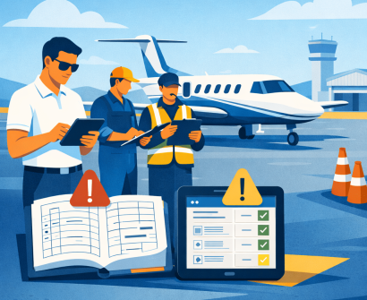 Ilustração em estilo flat design, vetorial e minimalista, com paleta predominante em tons de azul e detalhes em amarelo e laranja. A cena mostra uma aeronave executiva de pequeno porte estacionada no pátio de um aeroporto regional, com torre de controle e hangar ao fundo. Em primeiro plano, um piloto vestindo camisa polo branca e óculos escuros utiliza um tablet, representando o diário de bordo digital (eDB). Ao lado dele, um mecânico com macacão azul e um inspetor com colete refletivo analisam pranchetas, sugerindo uma fiscalização em solo. Na parte inferior da imagem, há a comparação visual entre um diário de bordo físico aberto com um símbolo de alerta e um tablet com checklist validado, indicando controle técnico de manutenção (CTM), rastreabilidade e redução de riscos regulatórios. A imagem transmite a ideia de inspeção da ANAC, integridade de registros e prevenção de autuação ou groundeamento da aeronave por meio do uso de eDB.