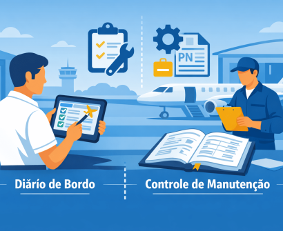 Ilustração em estilo flat design, com estética digital, vetorial e minimalista, predominantemente em tons de azul com detalhes em amarelo e branco. A imagem está dividida verticalmente ao meio por uma linha pontilhada. À esquerda, um piloto sem uniforme formal, usando camisa polo clara, segura um tablet exibindo um checklist digital com marcações verdes, representando o diário de bordo digital (eDB). Ao fundo, há a torre de controle e estruturas de um aeroporto regional. Acima dele, um ícone de prancheta com checkmarks e uma chave inglesa reforça a ideia de registro operacional. À direita, um mecânico com macacão azul e boné segura uma prancheta amarela, em frente a um hangar e a um jato executivo de pequeno porte estacionado. Sobre essa área aparecem ícones de engrenagem, documento com “PN” e uma maleta, simbolizando controle técnico de manutenção, peças e gestão de componentes. Em primeiro plano, há um livro aberto representando cadernetas de manutenção. Na parte inferior, os textos “Diário de Bordo” e “Controle de Manutenção” destacam visualmente a comparação entre os dois conceitos. A intenção visual é mostrar de forma clara a diferença e complementaridade entre o diário de bordo digital e o controle técnico de manutenção na gestão aeronáutica.
