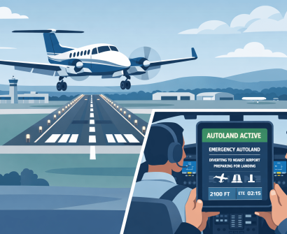 Ilustração em estilo flat design, vetorial e minimalista, com paleta de cores em tons de azul, cinza e branco, mostrando um turboélice do tipo King Air em aproximação final para pouso automático de emergência. A aeronave está alinhada à pista de um aeroporto regional, enquanto no interior do cockpit aparece um tablet/painel digital indicando o sistema de Autoland ativo. Não há traços faciais definidos nos personagens, reforçando o foco no sistema e no contexto operacional. A imagem representa um cenário realista de uso do pouso automático após incapacitação do piloto, destacando a tecnologia como camada de segurança e não como substituição do piloto.