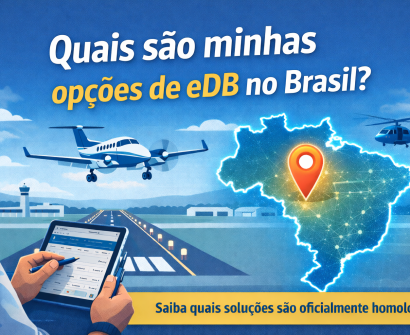 Ilustração em estilo flat design, com estética digital e cores predominantes em azul, amarelo e branco, mostrando um piloto utilizando um tablet com um diário de bordo eletrônico em primeiro plano. Ao fundo, há um aeroporto regional com pista, torre de controle e uma aeronave de pequeno porte em aproximação, além de um helicóptero em voo, representando diferentes segmentos da aviação. À direita, o mapa do Brasil aparece destacado com um marcador luminoso, simbolizando a busca por soluções de diário de bordo digital no país. A imagem ilustra o tema “Quais são minhas opções de eDB no Brasil?”, reforçando a comparação entre soluções homologadas e a escolha segura de um eDB validado pela ANAC.