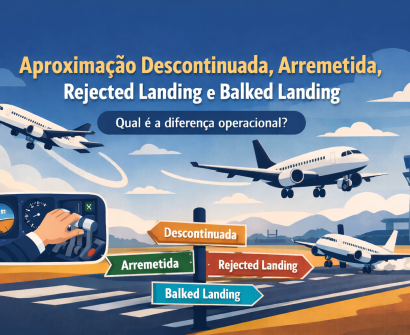 Ilustração em estilo flat design, vetorial e minimalista, com paleta predominante em tons de azul, representando diferentes cenários de descontinuação do pouso na aviação. A imagem mostra um aeroporto com pista, torre de controle e três aeronaves comerciais em fases distintas: uma arremetendo após a aproximação, outra em aproximação final e uma terceira tocando a pista, ilustrando os conceitos de aproximação descontinuada, arremetida, rejected landing e balked landing. No canto inferior esquerdo, há um detalhe do cockpit com a mão de um piloto segurando simultaneamente todas as manetes de potência, simbolizando a aplicação correta de potência durante a arremetida. Placas direcionais ao lado da pista indicam cada tipo de manobra, reforçando o caráter comparativo e educativo da ilustração, com o objetivo de explicar as diferenças operacionais entre esses conceitos.